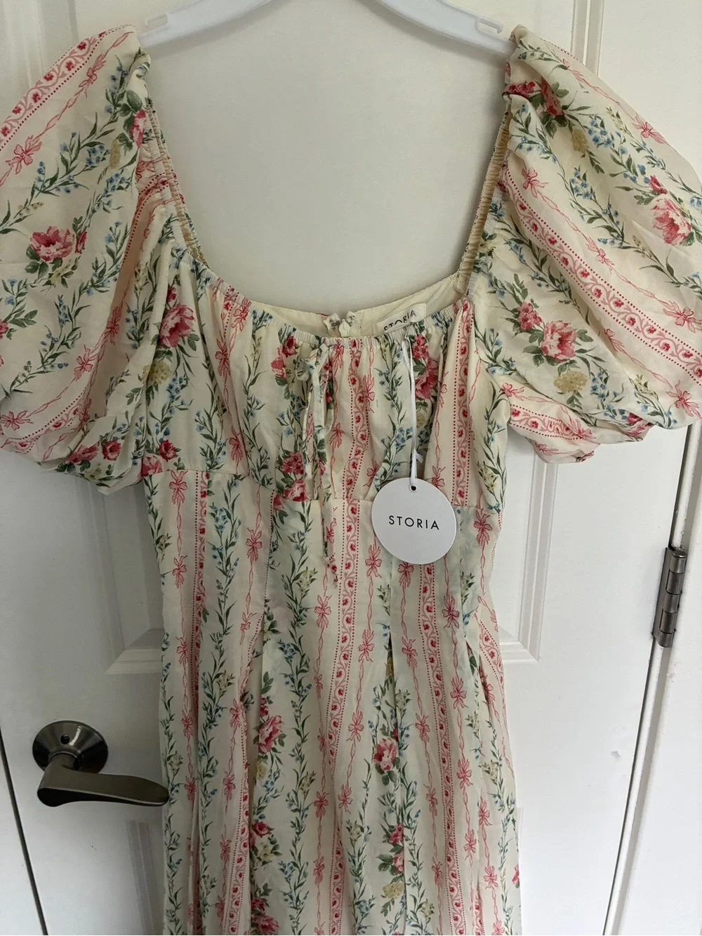 NWT 100% cotton Storia Cream and Pink Floral Puff-Sleeve Midi Dress - Picture 3 of 11